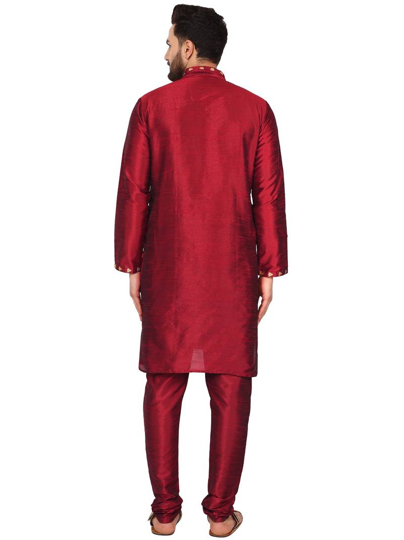 Red embroidered art silk kurta-pajama