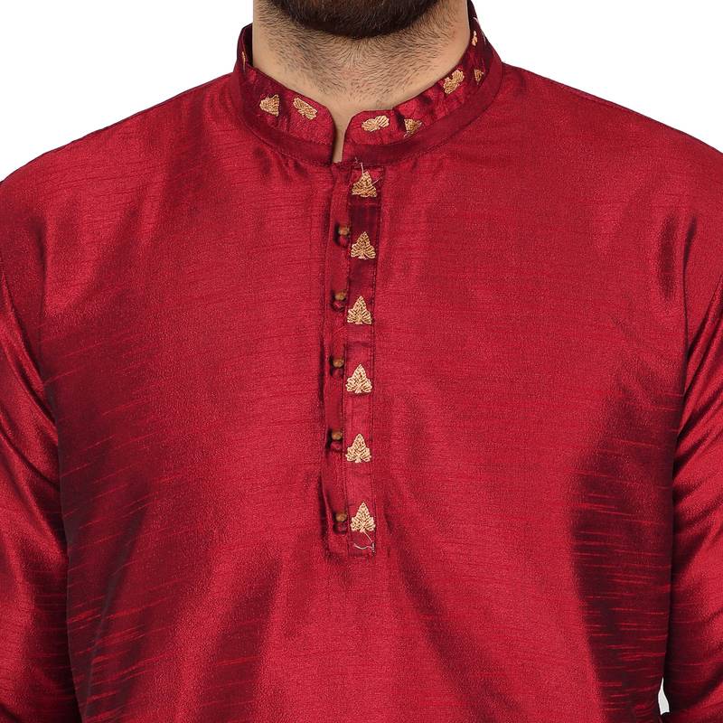 Red embroidered art silk kurta-pajama