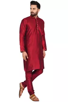 Red embroidered art silk kurta-pajama