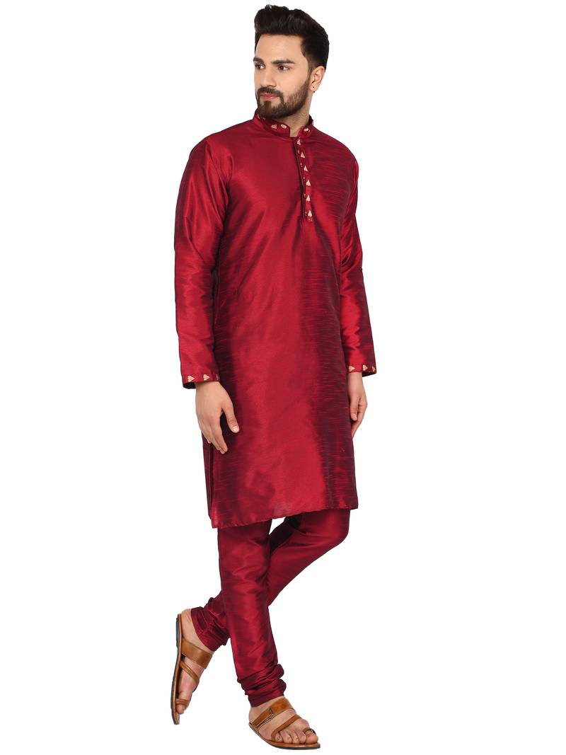 Red embroidered art silk kurta-pajama