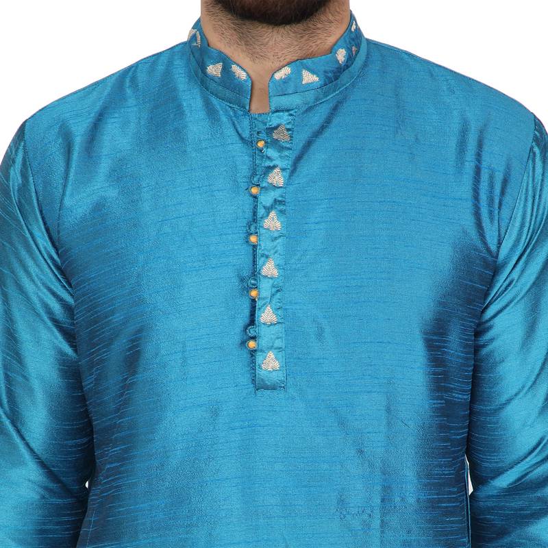 Turquoise embroidered art silk kurta-pajama