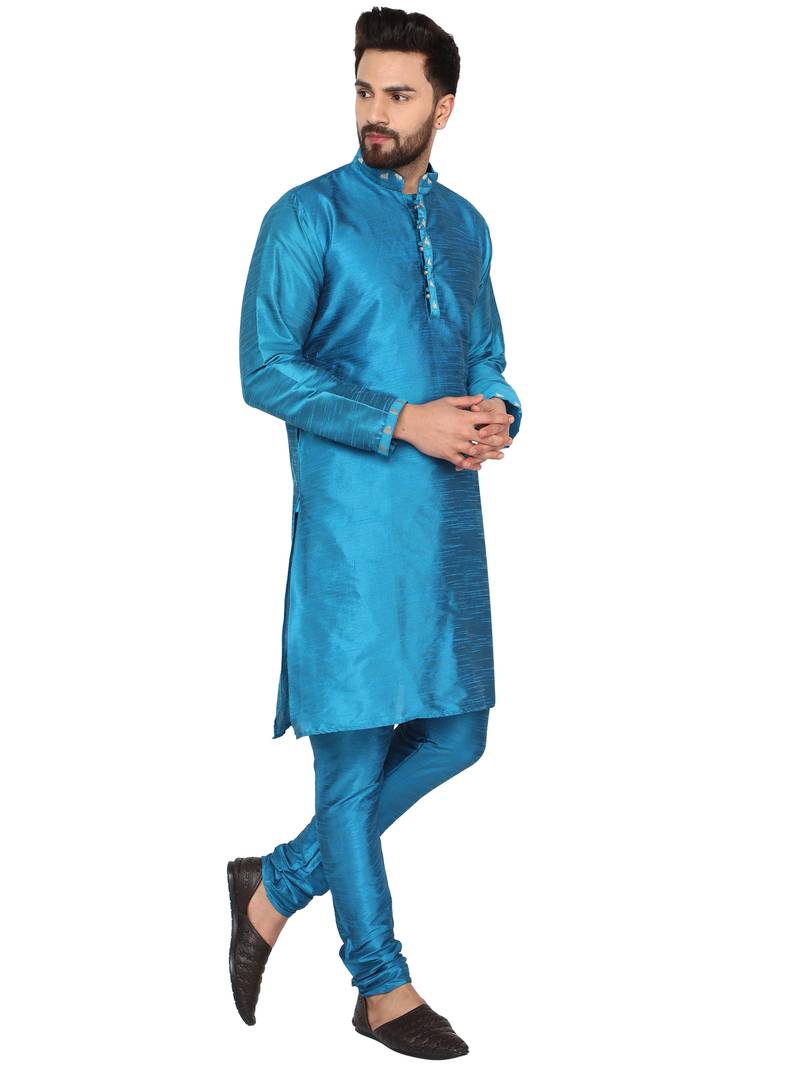 Turquoise embroidered art silk kurta-pajama