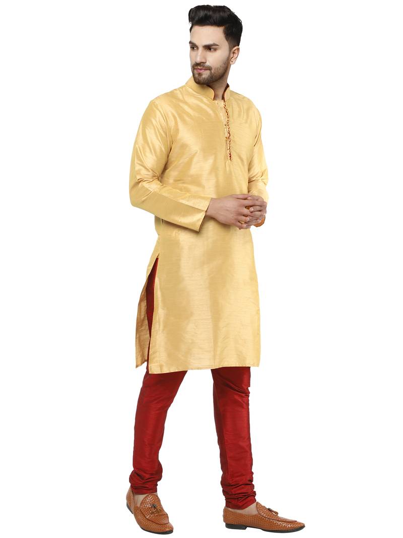 Beige embroidered art silk kurta-pajama