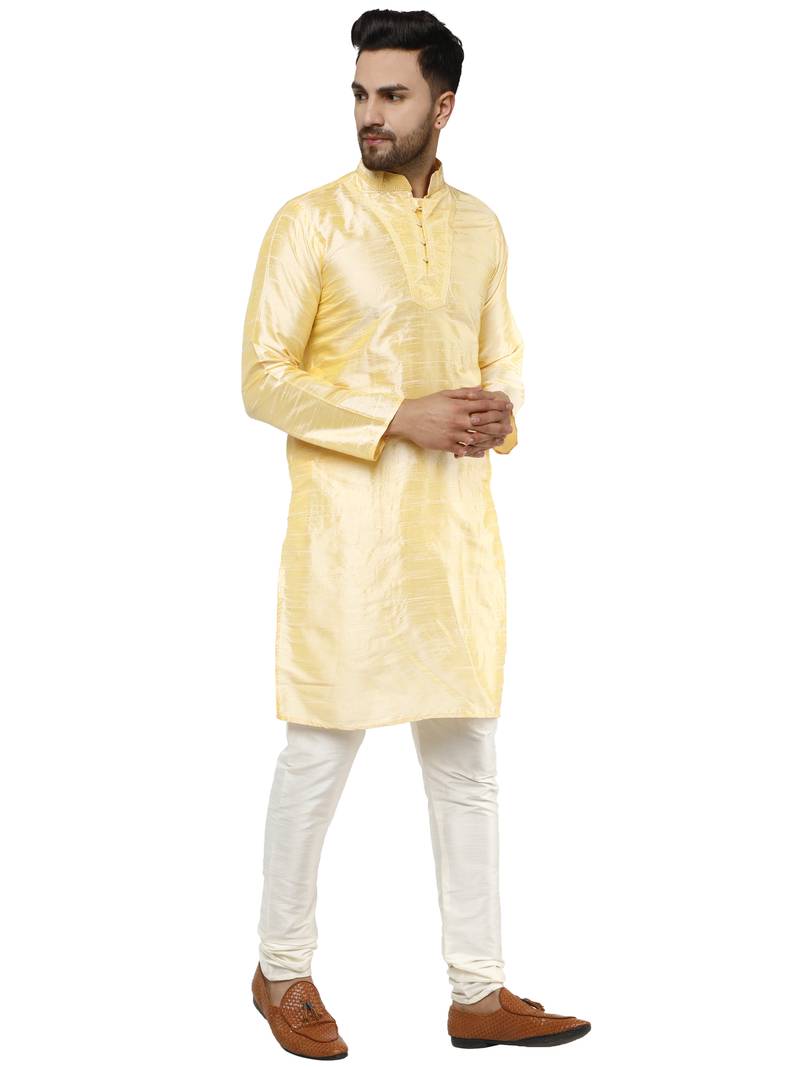 Beige embroidered art silk kurta-pajama