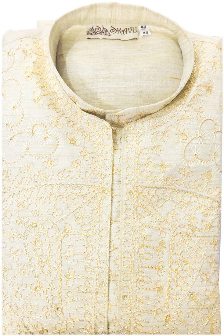 White embroidered art silk kurta-pajama