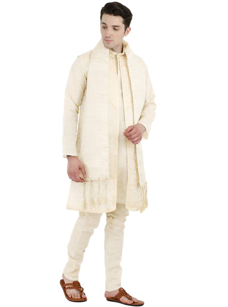 White embroidered art silk kurta-pajama