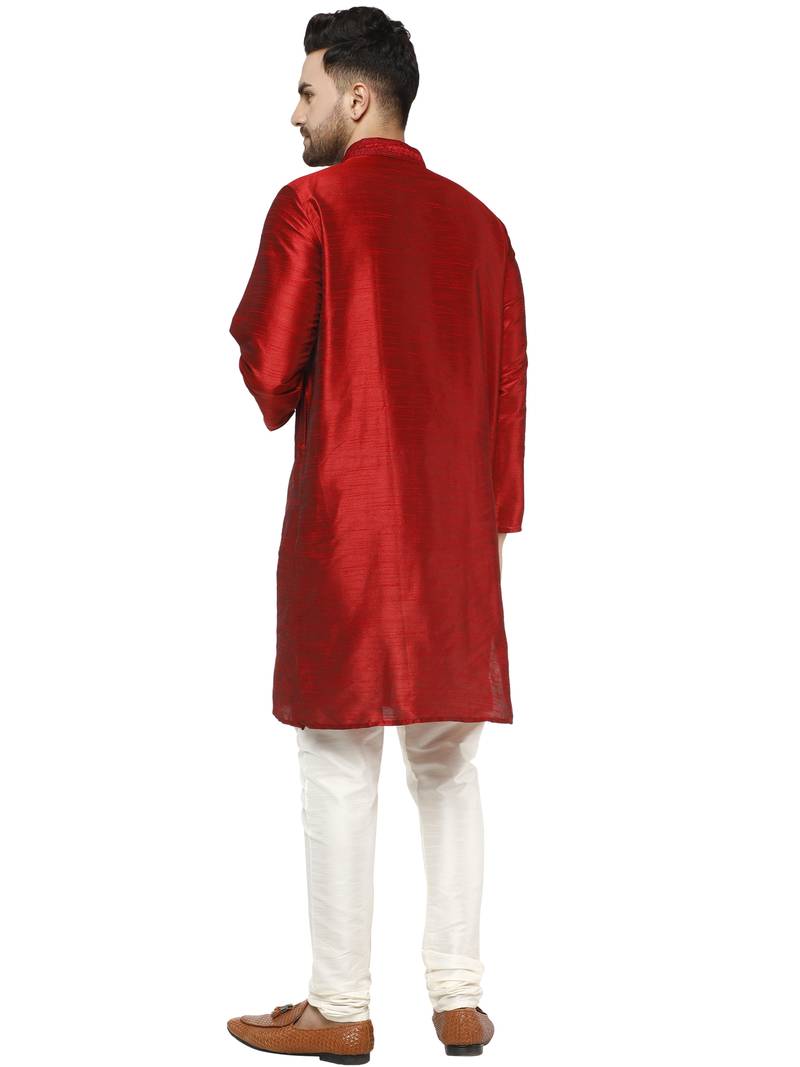 Red embroidered art silk kurta-pajama