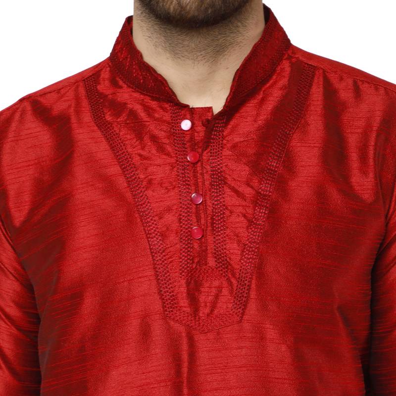 Red embroidered art silk kurta-pajama