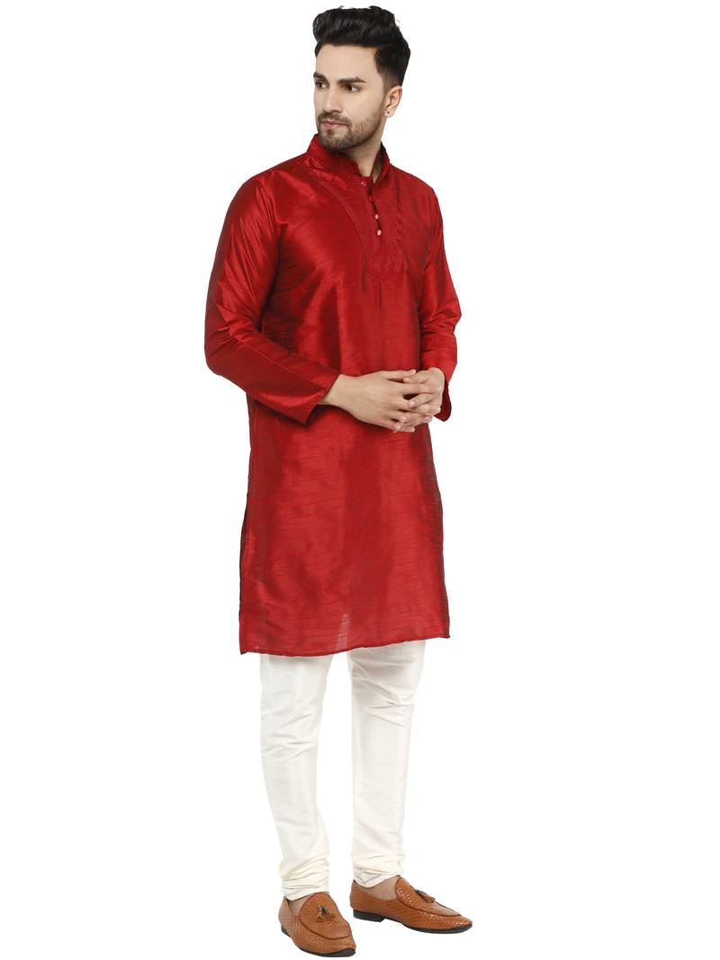 Red embroidered art silk kurta-pajama