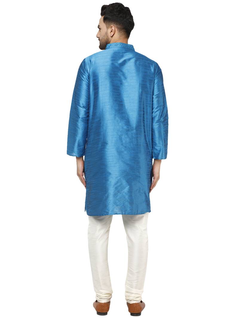 Turquoise embroidered art silk kurta-pajama