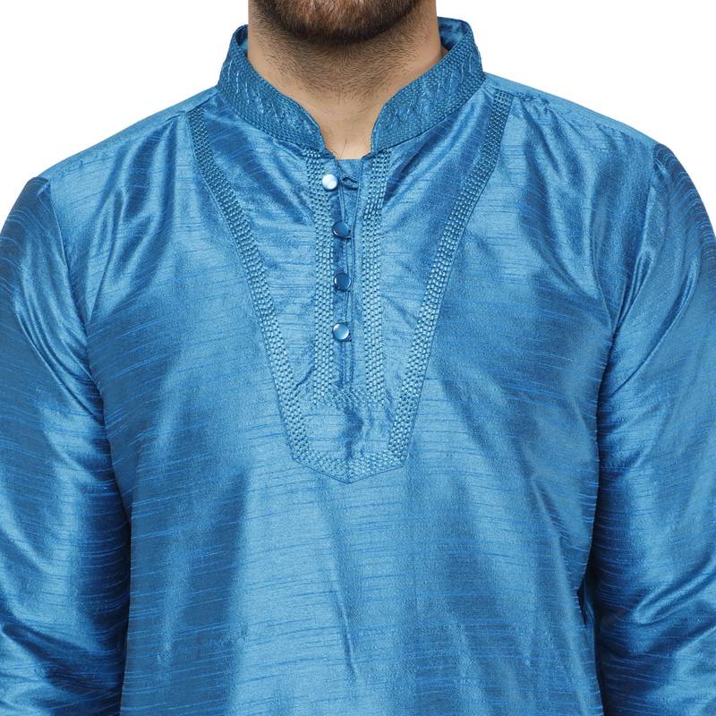 Turquoise embroidered art silk kurta-pajama