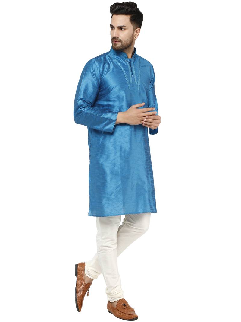 Turquoise embroidered art silk kurta-pajama
