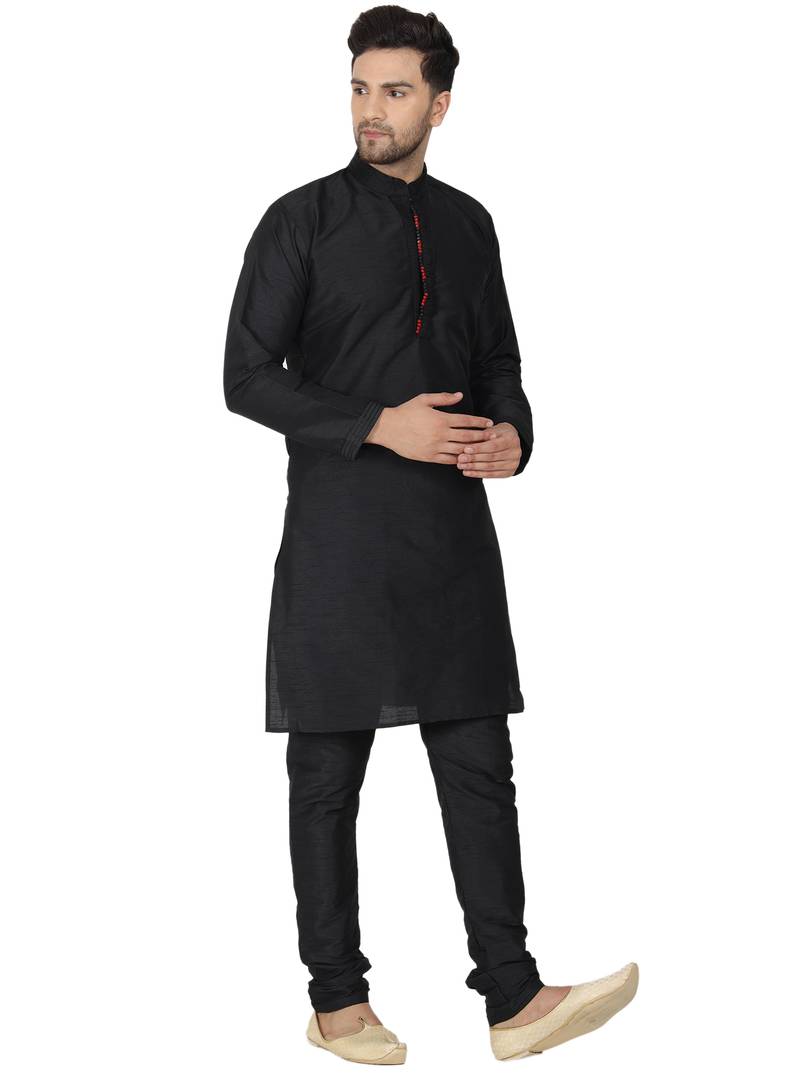 Black embroidered art silk kurta-pajama