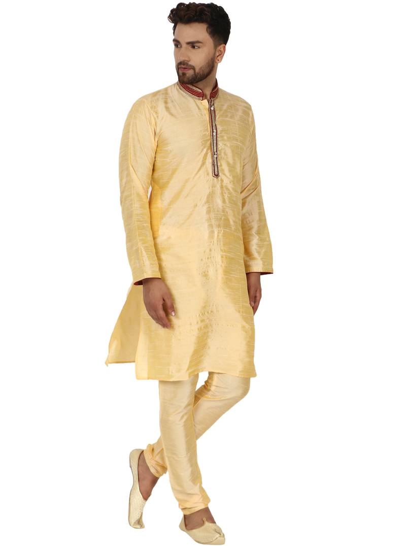 Beige embroidered art silk kurta-pajama