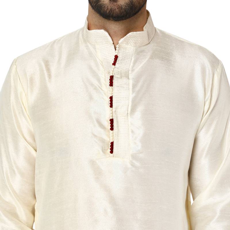 White embroidered art silk kurta-pajama