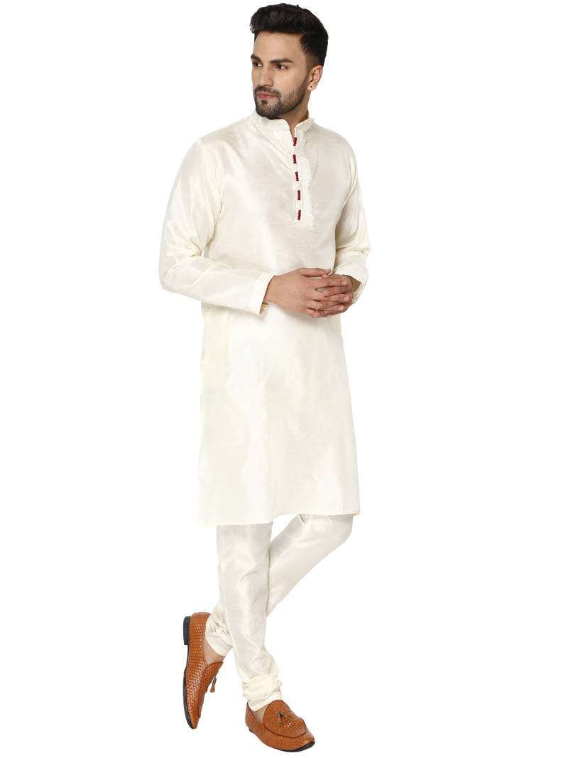 White embroidered art silk kurta-pajama