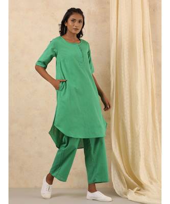 green plain linen kurtis 1
