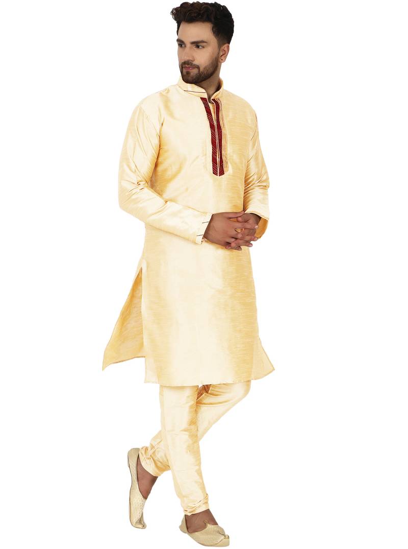 Beige embroidered art silk kurta-pajama