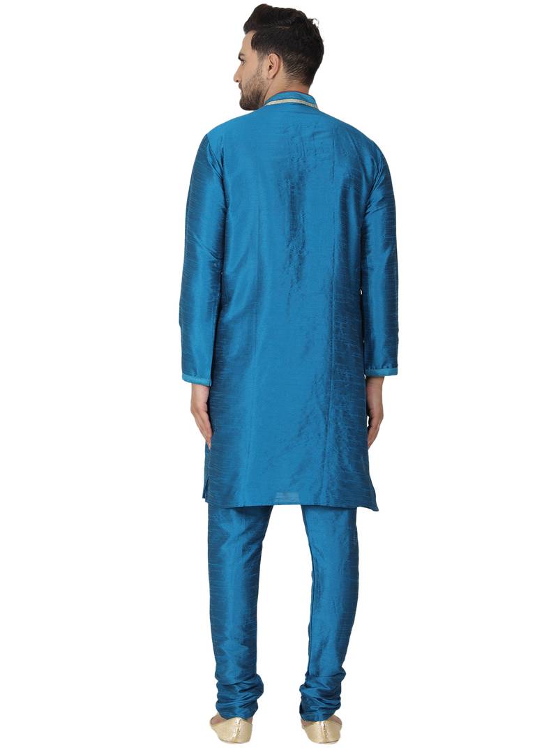 Turquoise embroidered art silk kurta-pajama