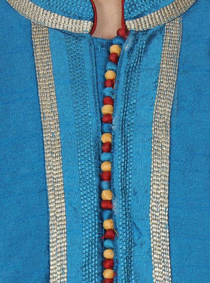 Turquoise embroidered art silk kurta-pajama