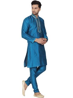Turquoise embroidered art silk kurta-pajama 4
