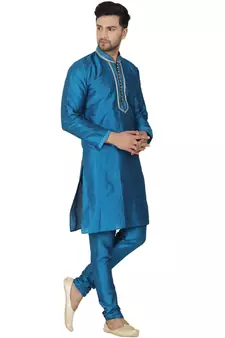 Turquoise embroidered art silk kurta-pajama