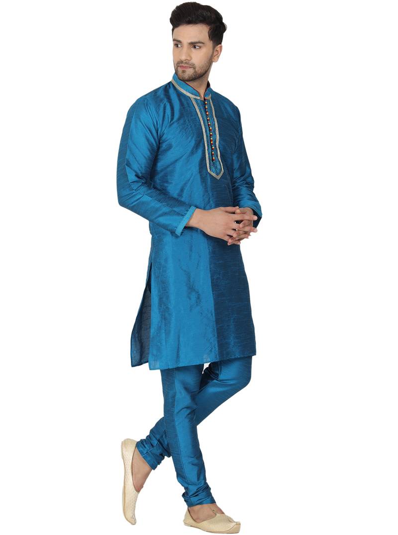 Turquoise embroidered art silk kurta-pajama
