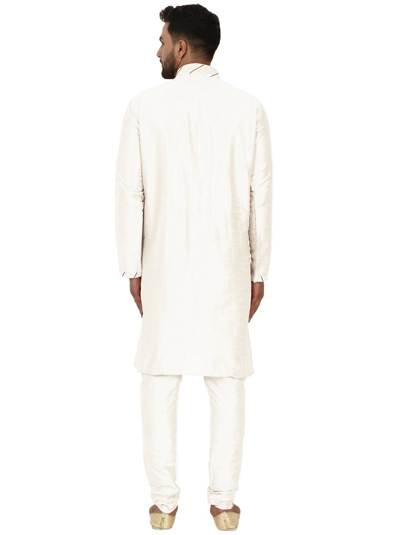 White embroidered art silk kurta-pajama