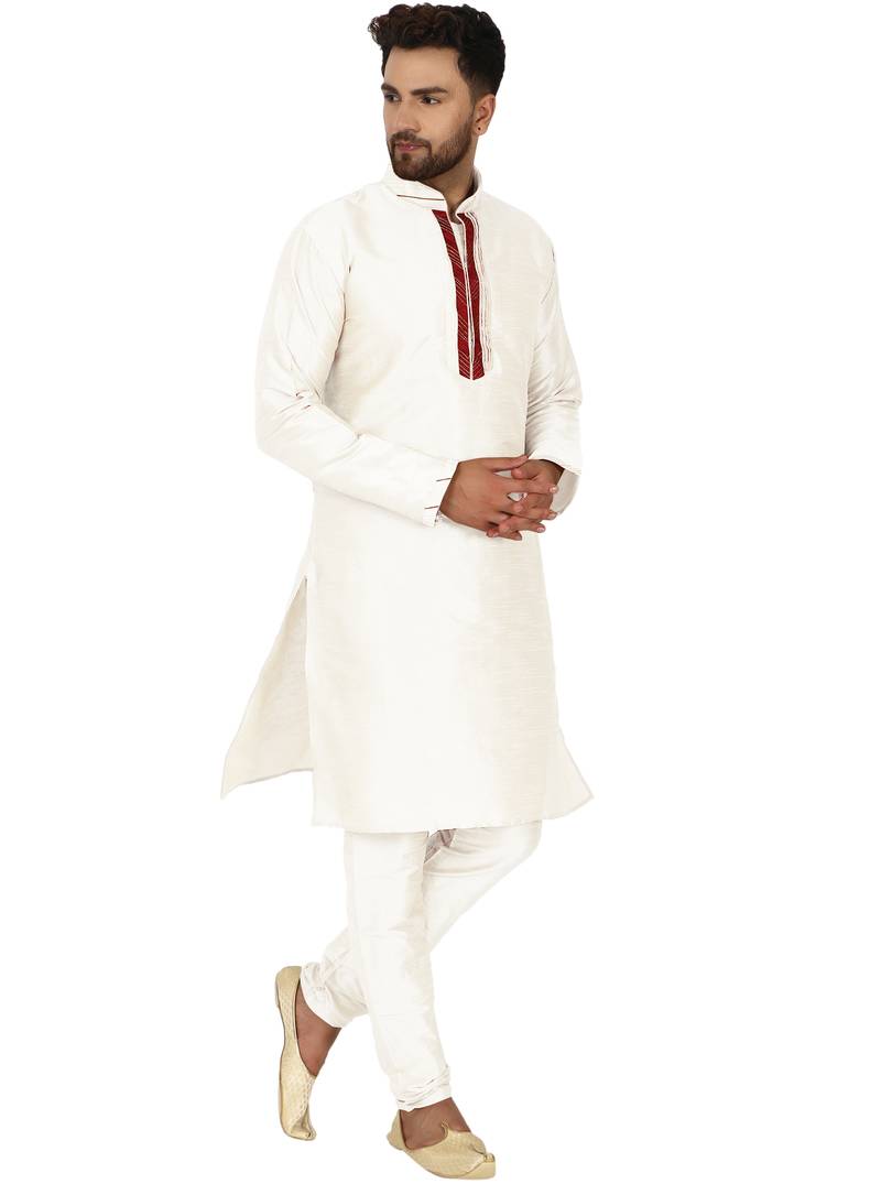 White embroidered art silk kurta-pajama