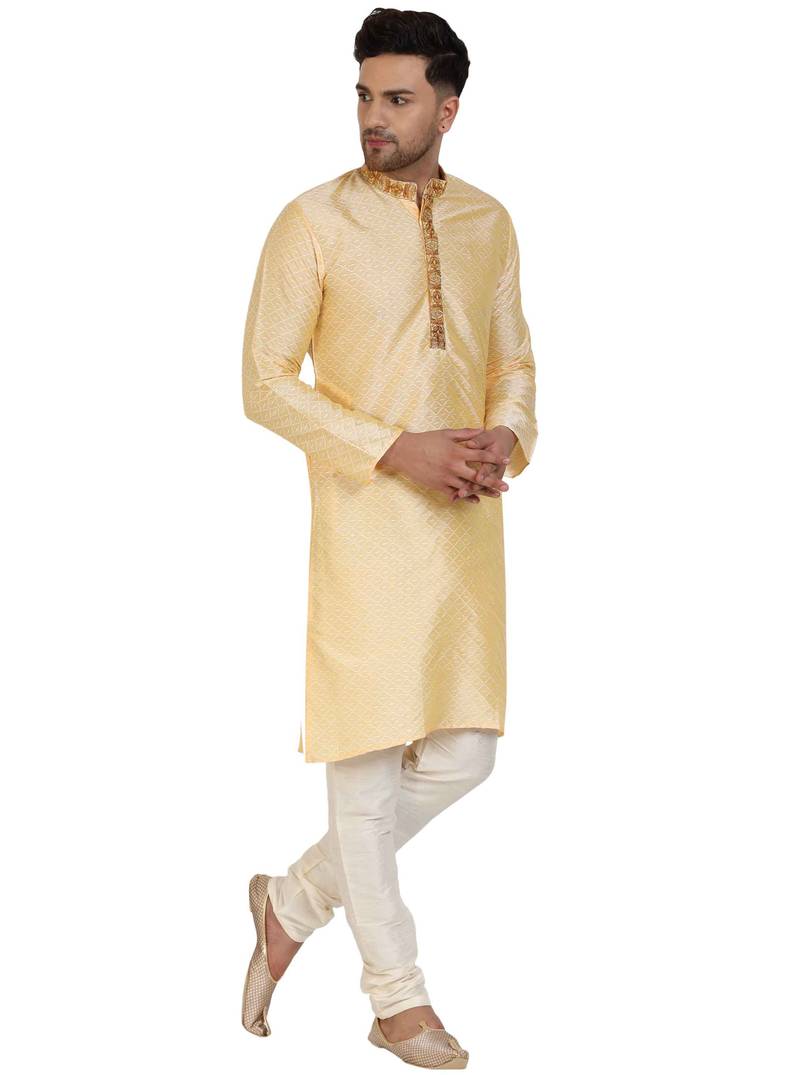 Beige embroidered art silk kurta-pajama
