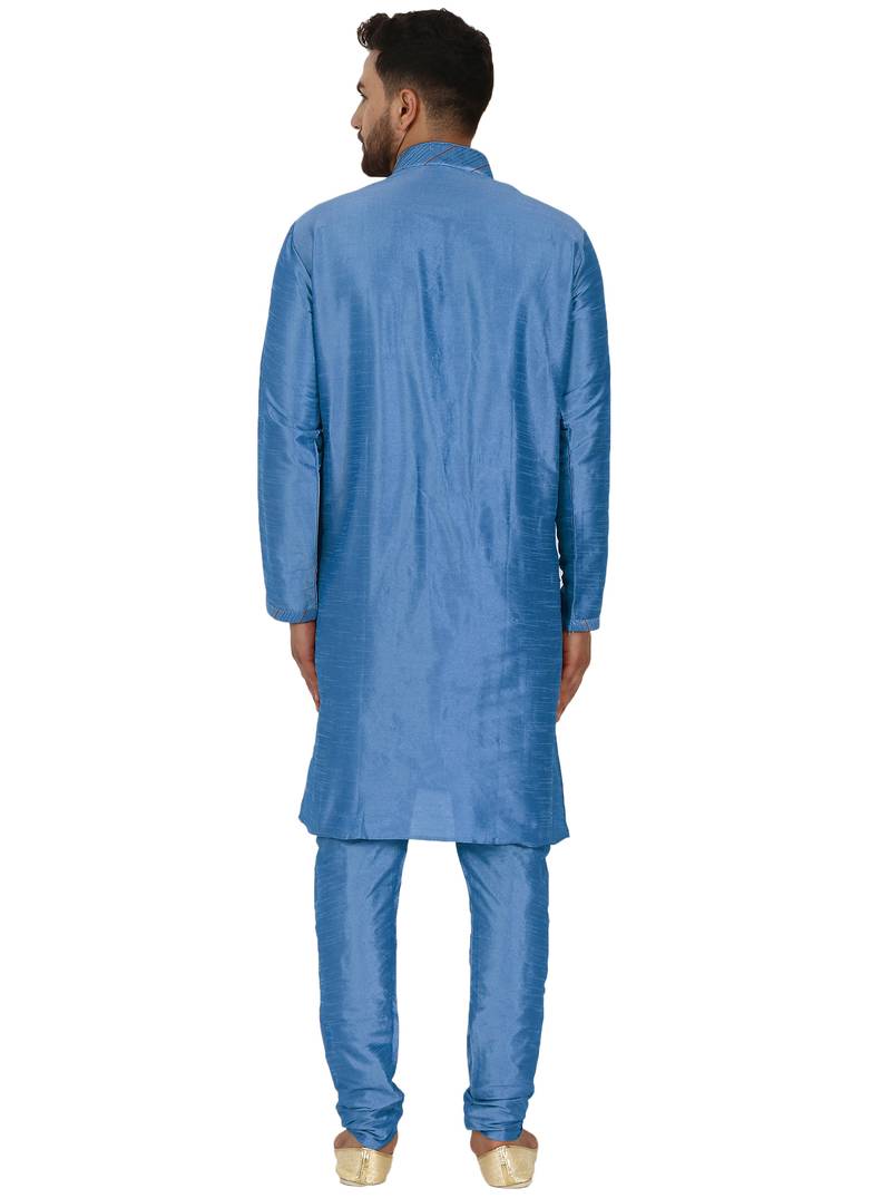 Turquoise embroidered art silk kurta-pajama