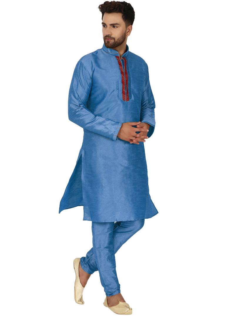 Turquoise embroidered art silk kurta-pajama