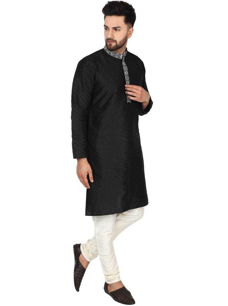 Black embroidered art silk kurta-pajama