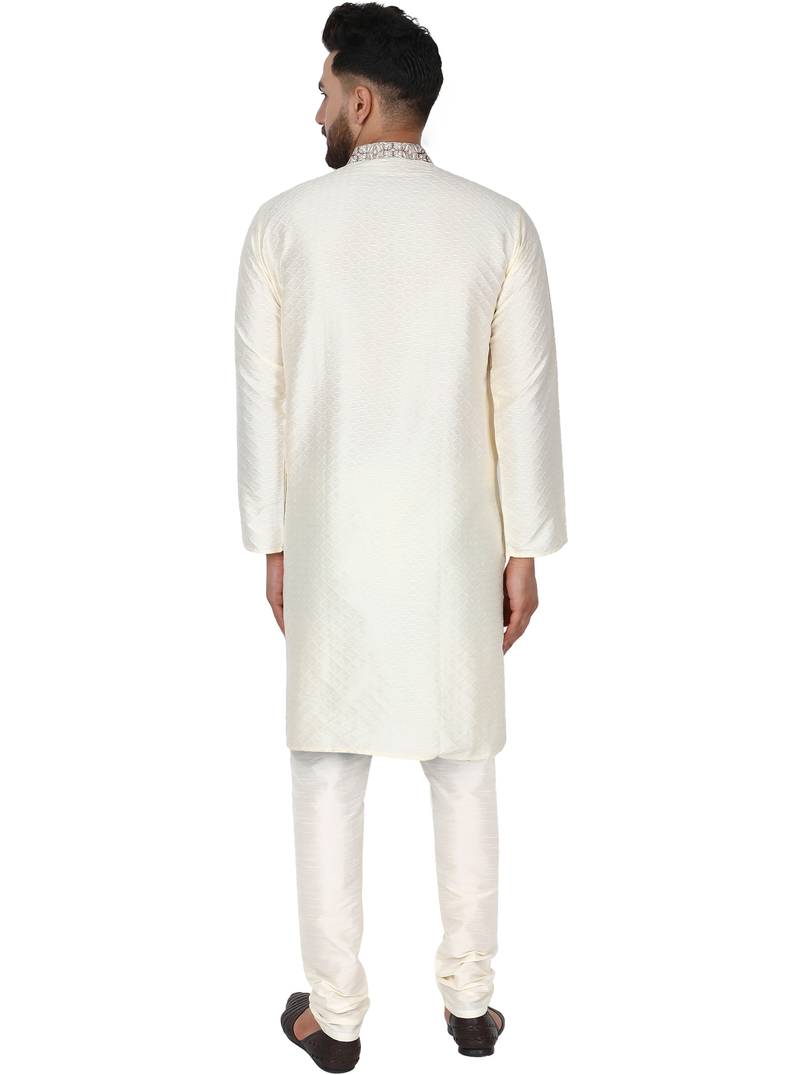 White embroidered art silk kurta-pajama