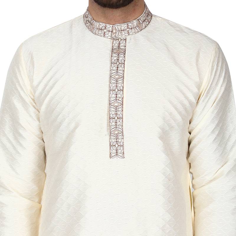 White embroidered art silk kurta-pajama