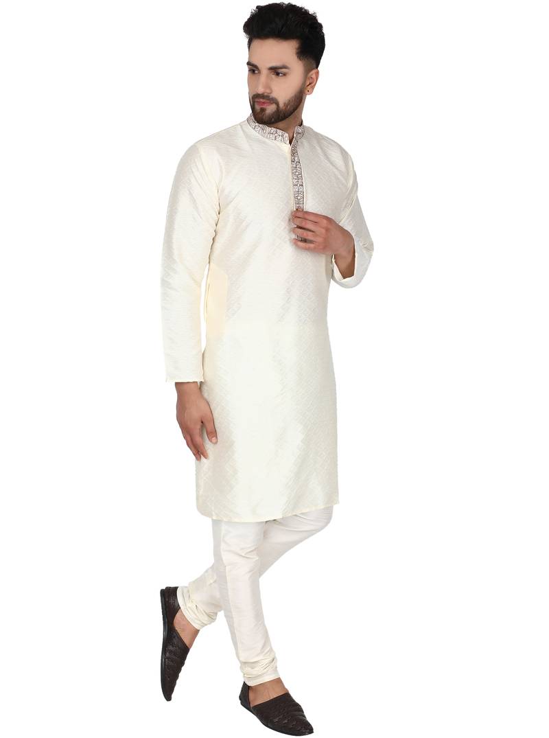 White embroidered art silk kurta-pajama