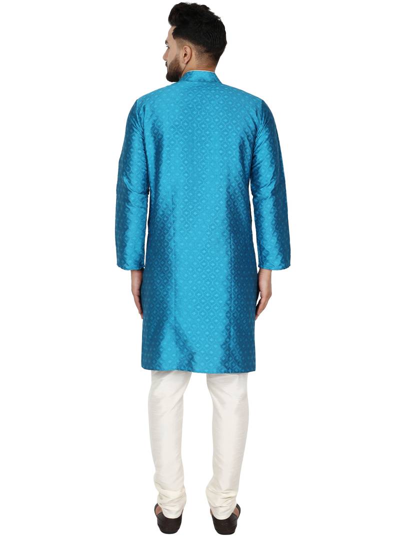 Turquoise embroidered art silk kurta-pajama