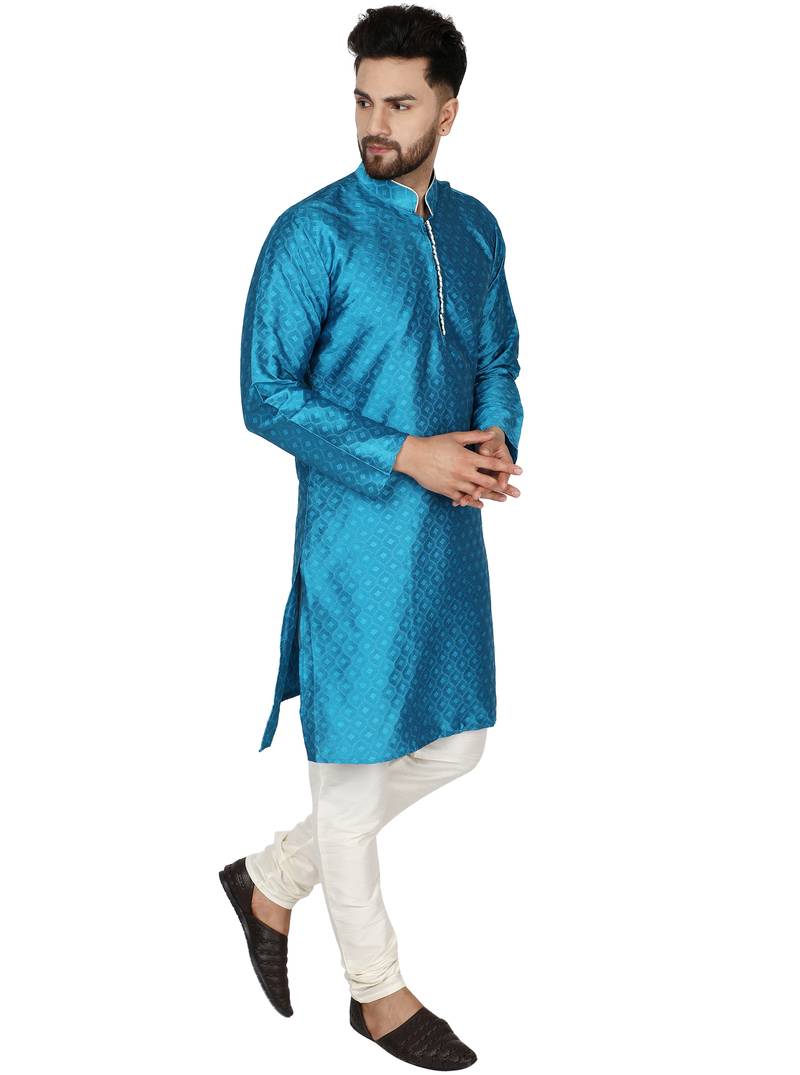 Turquoise embroidered art silk kurta-pajama