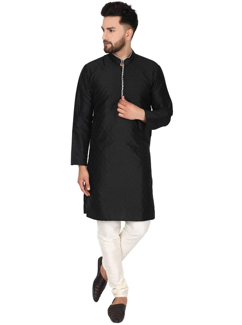 Black embroidered art silk kurta-pajama