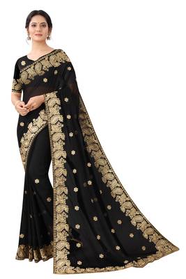 Black Georgette Embriodered Saree With Blouse Piece. 1