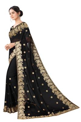 Black Georgette Embriodered Saree With Blouse Piece. 2