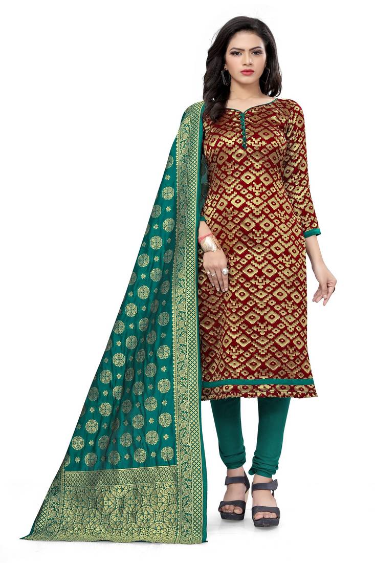 Maroon Color Woven work Banarasi Silk Unstitched Jacquard salwar