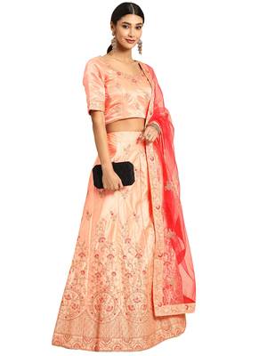 Women Peach Embroidery Satin Semi Stitched Lehenga 1
