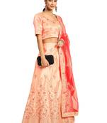 Women Peach Embroidery Satin Semi Stitched Lehenga