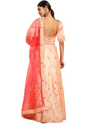 Women Peach Embroidery Satin Semi Stitched Lehenga 2