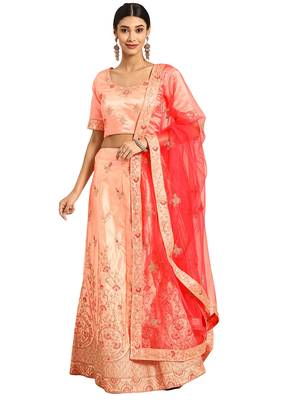 Women Peach Embroidery Satin Semi Stitched Lehenga 3