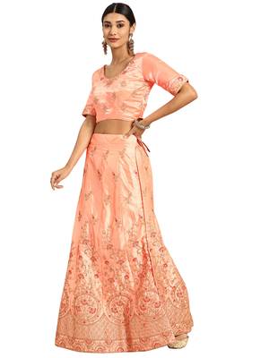 Women Peach Embroidery Satin Semi Stitched Lehenga 4