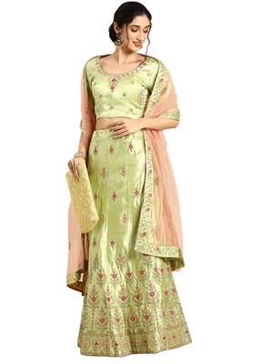 Women Green Embroidery Satin Semi Stitched Lehenga 1