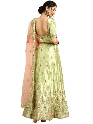 Women Green Embroidery Satin Semi Stitched Lehenga 2