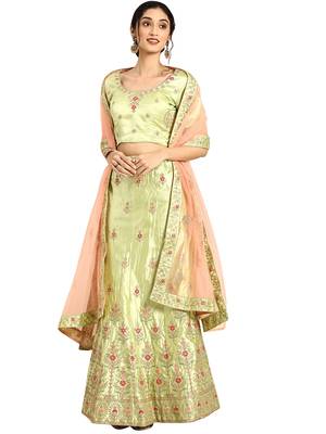 Women Green Embroidery Satin Semi Stitched Lehenga 3